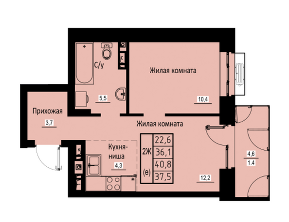 Планировка 2-комн 37,5 м²