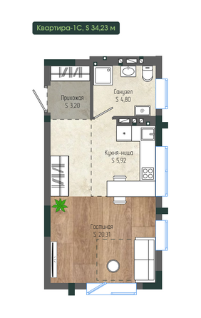 Планировка 1-комн 34,23 м²