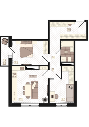 Планировка 3-комн 59,4 м²