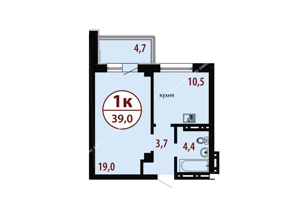 Секция №1. Планировка однокомнатной квартиры 39,0 кв.м