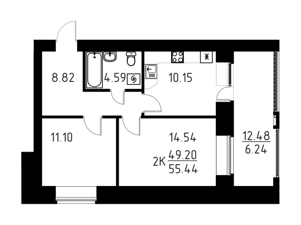 Планировка 2-комн 55,44 м²