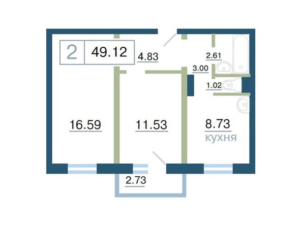 Планировка двухкомнатной квартиры 49,12 кв.м