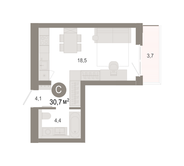 Планировка Студия 30,69, 30,85 м²