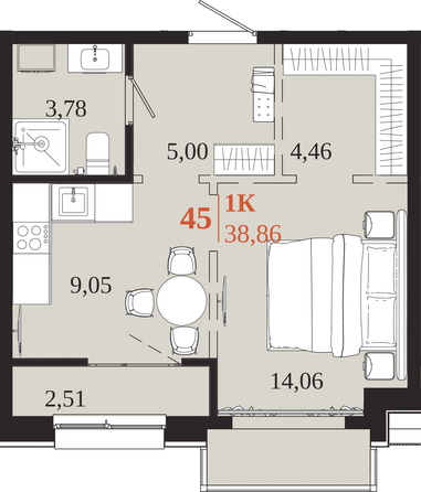Планировка 1-комн 38,86 м²