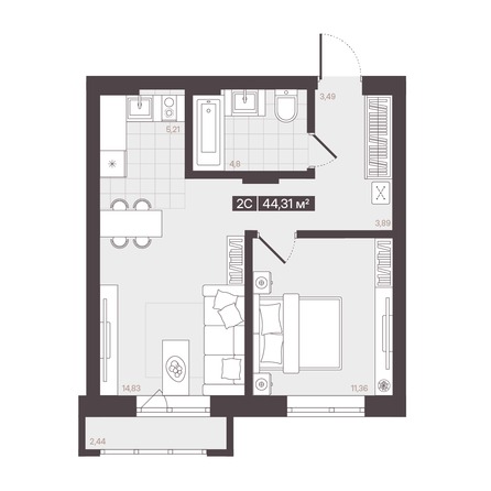 Планировка 2-комн 44,31 м²