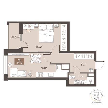 Планировка 1-комн 44,12 м²