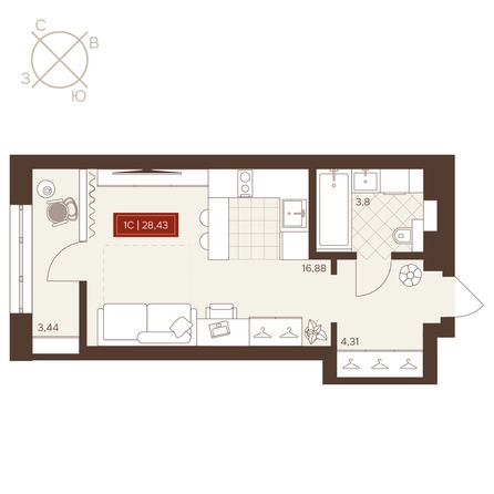 Планировка Студия 28,43 - 28,98 м²