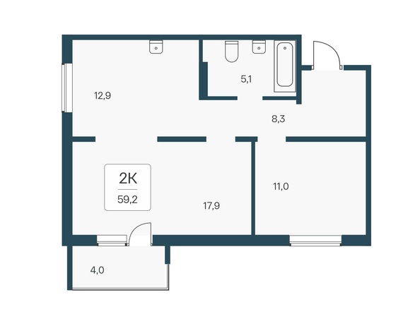 Планировка 2-комн 59, 59,2 м²