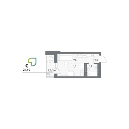 Планировка Студия 21,4, 21,7 м²