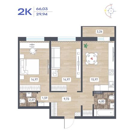 Планировка 2-комн 66,03 м²