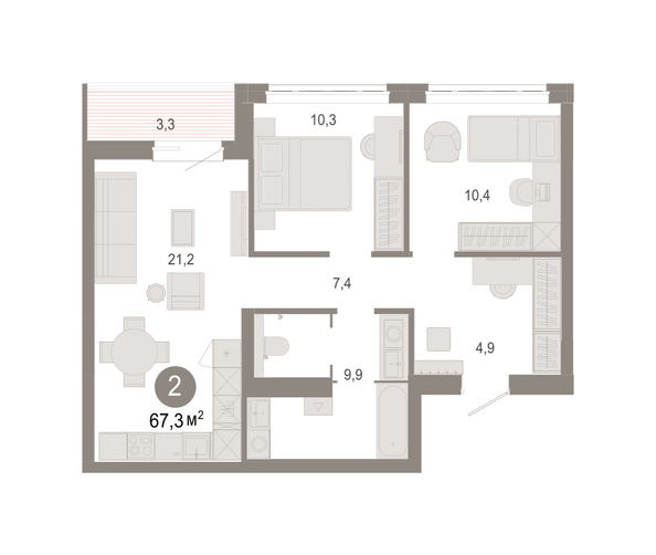 Планировка 2-комн 67,29, 67,3 м²