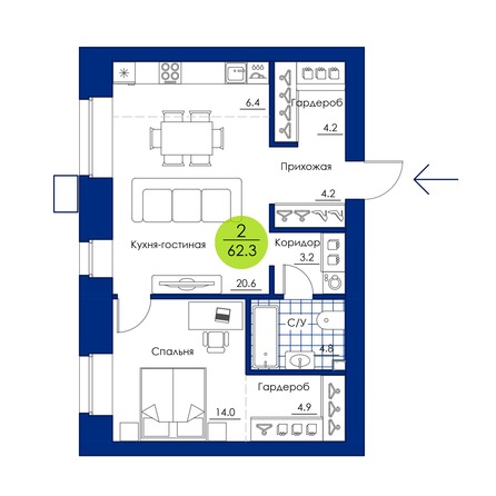 Планировка 2-комн 62,3 м²