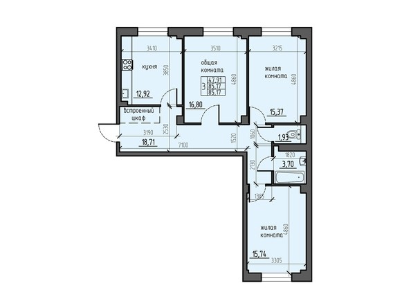 Планировка трехкомнатной квартиры 85,17 кв.м