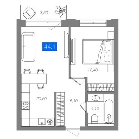 Планировка 1-комн 44,1 м²