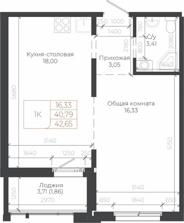 Планировка 1-комн 42,65 м²
