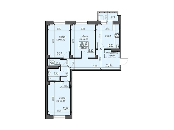 Планировка трехкомнатной квартиры 85,64 кв.м