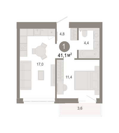 Планировка 1-комн 41,07, 41,08 м²