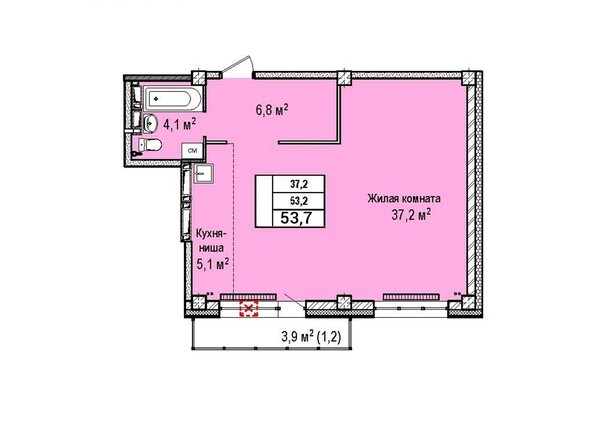 Планировка однокомнатной квартиры 53,7 кв.м