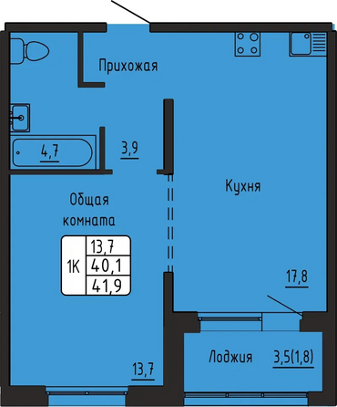 Планировка 1-комн 41,9 м²