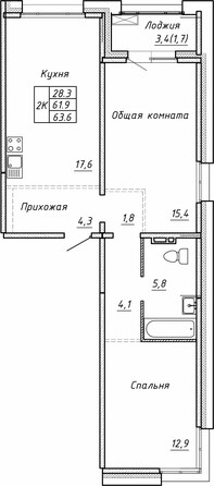 Планировка 2-комн 63,6 м²