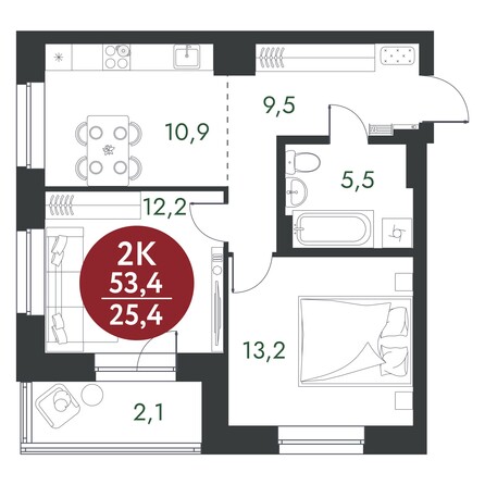 Планировка 2-комн 53,4 м²