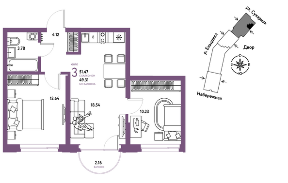 Планировка 3-комн 51,47 м²