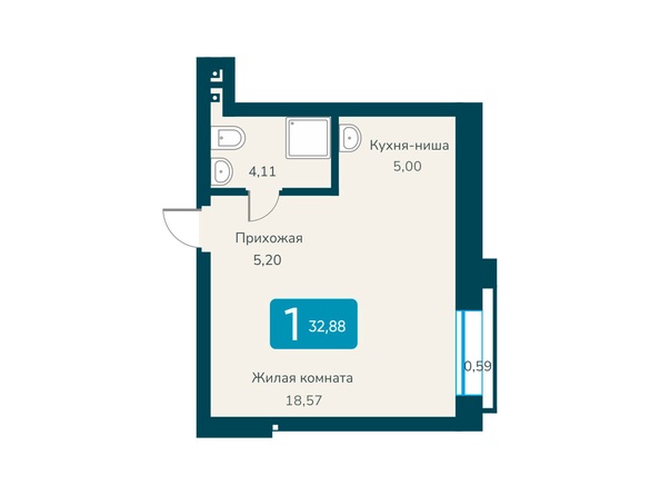 Планировка 1-комн 32,88 м²