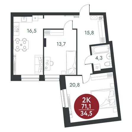 Планировка 2-комн 71,1, 71,2 м²