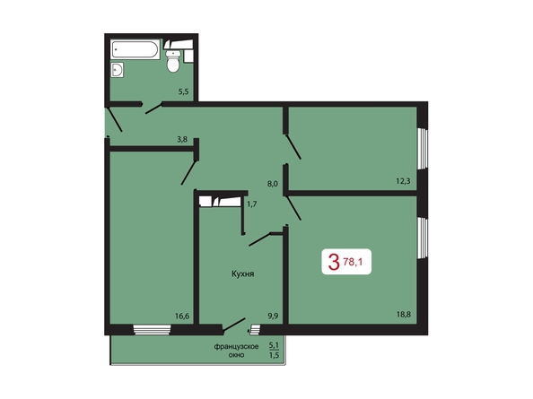 Планировка 3-комн 78,1 м²