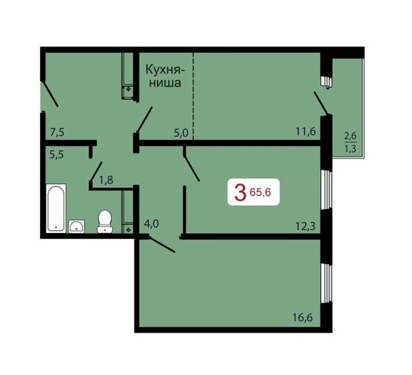 Планировка 3-комн 65,6 м²