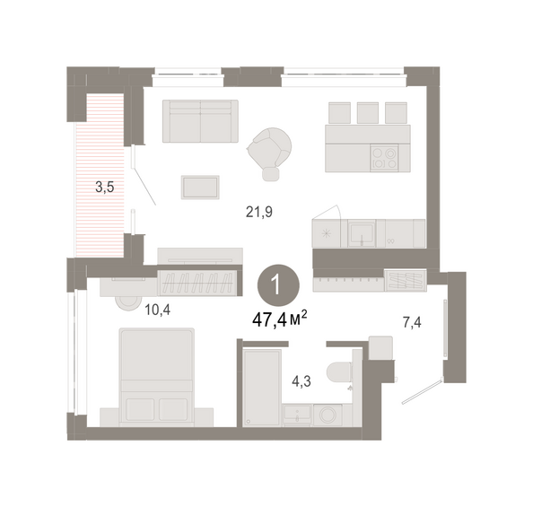 Планировка 1-комн 47,41 м²