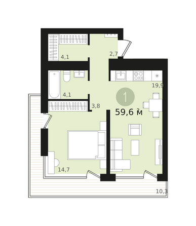 Планировка 1-комн 59,55 м²