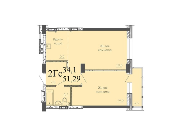 Планировка 2-комн 51,29, 51,59 м²