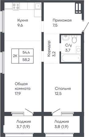 Планировка 2-комн 58,1 м²