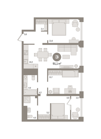 Планировка 3-комн 91,1, 91,64 м²