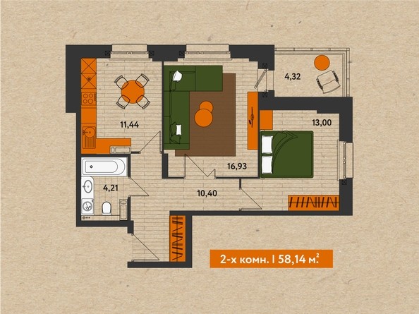 2-комнатная 58,14 кв.м