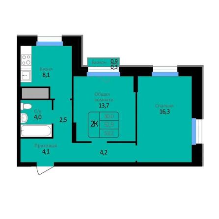 Планировка 2-комн 53,2 м²