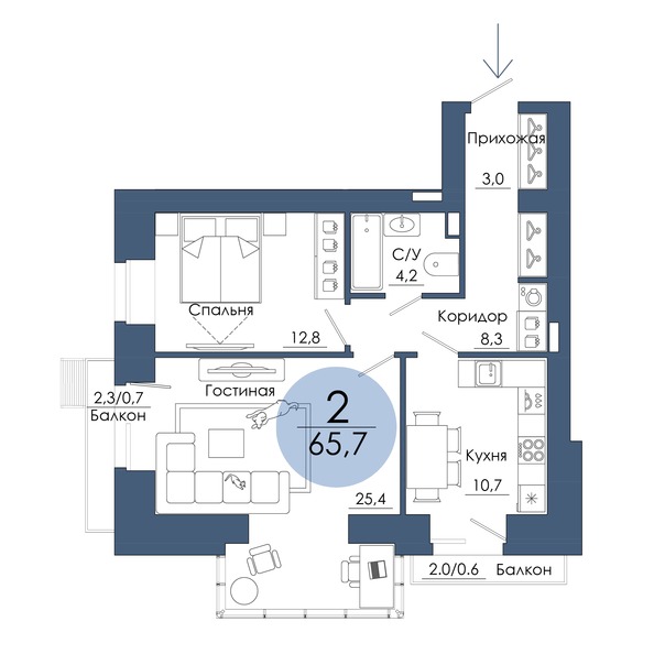 Планировка 2-комн 65,7 м²