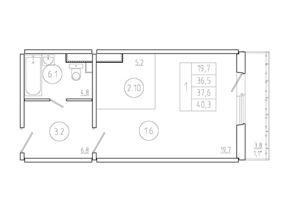 Планировка 1-комн 37,6 м²