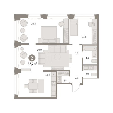 Планировка 2-комн 86,67 м²