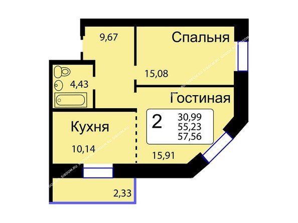 Б/С - 14. Планировка двухкомнатной квартиры 57,56 кв.м. Этажи 1-9.