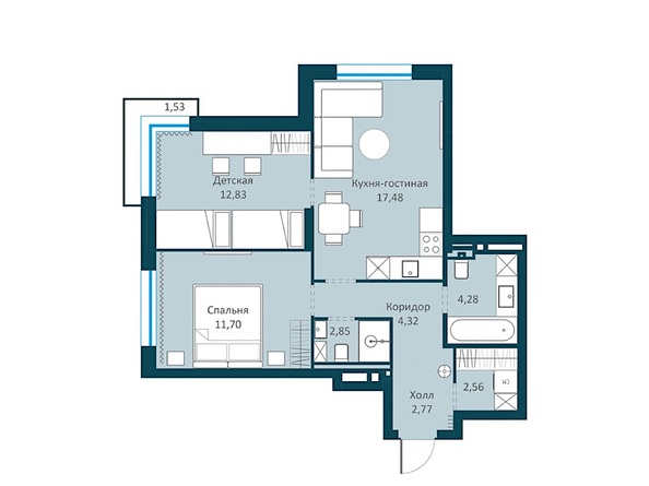 Планировка 1-комн 55,84 м²