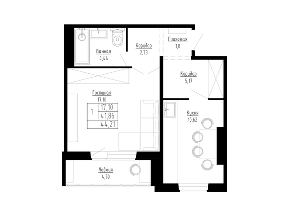 Планировка 1-комн 44 м²