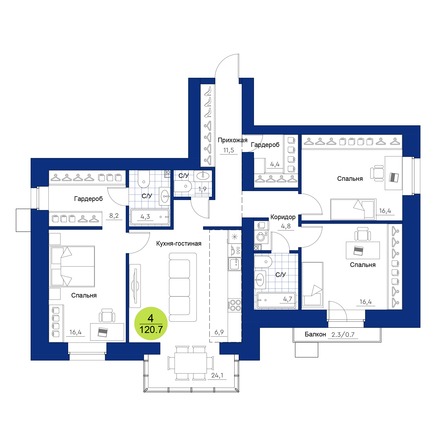 Планировка 4-комн 120,7 м²