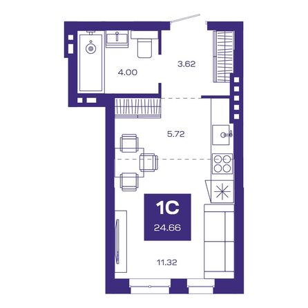 Планировка 1-комн 24,56 - 24,77 м²