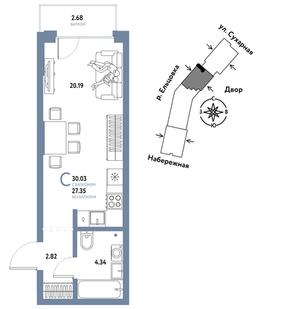 Планировка Студия 27,41 - 30,15 м²