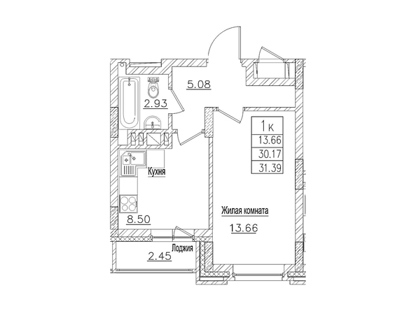 Планировка 1-комн 30,1, 31,39 м²