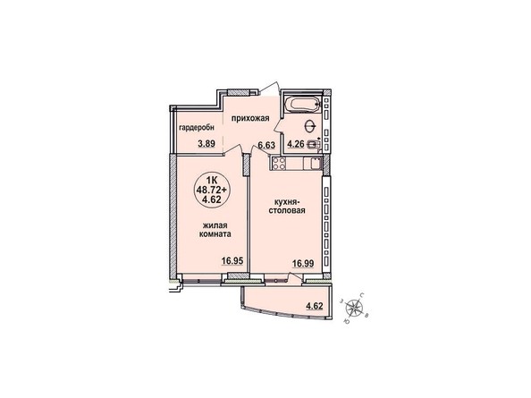Планировка однокомнатной квартиры 48,72 кв.м