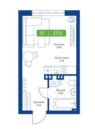 Планировка 1-комн 27,12 м²