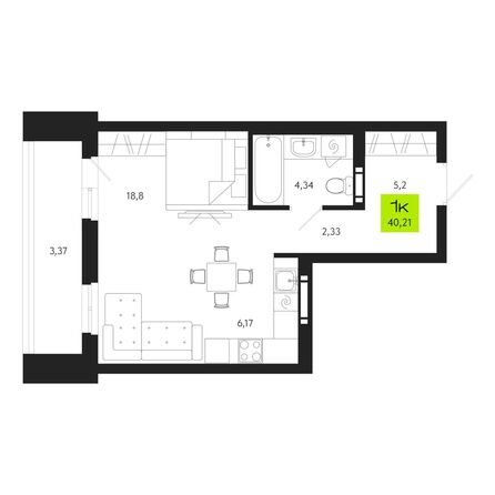 Планировка 1-комн 40,21 м²
